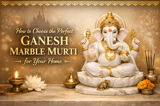 Ganesh marble murti white statue with golden decoration for home temple blog banner