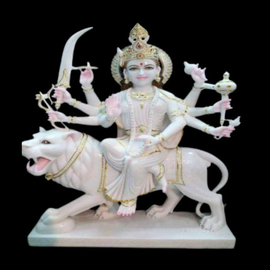 Maa Durga on Lion in White Marble with Intricate Hand Detailing