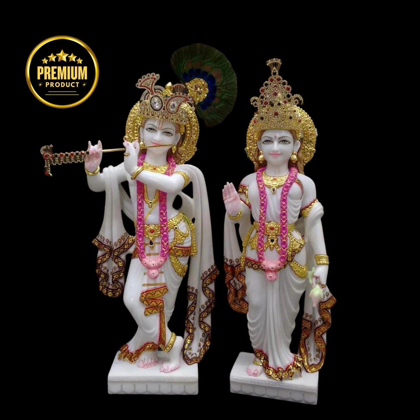 Divine Radha Krishna Sitting Together in White Marble with Golden Work