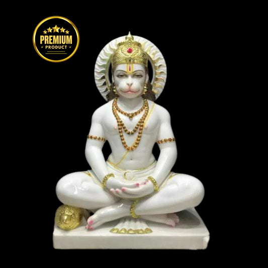 Meditative Bajrang Bali Murti in Pure Makrana Marble with Fine Detailing