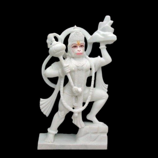 Veer Bajrang Bali Standing with Sanjeevani Parvat – Handcrafted White Marble Art