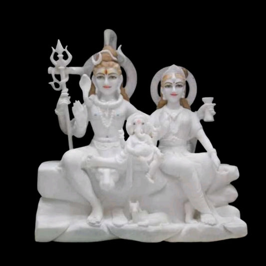 Elegant Shiv Parivar Idol in Pure White Stone with Detailed Faces