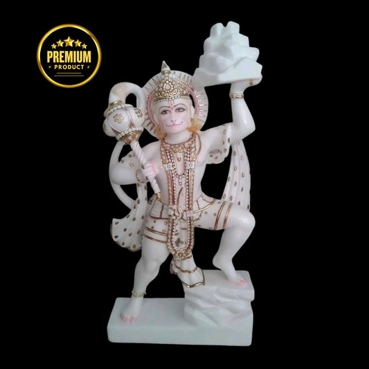 Bal Hanuman Carrying Mountain – Premium Hand-Carved Marble Piece