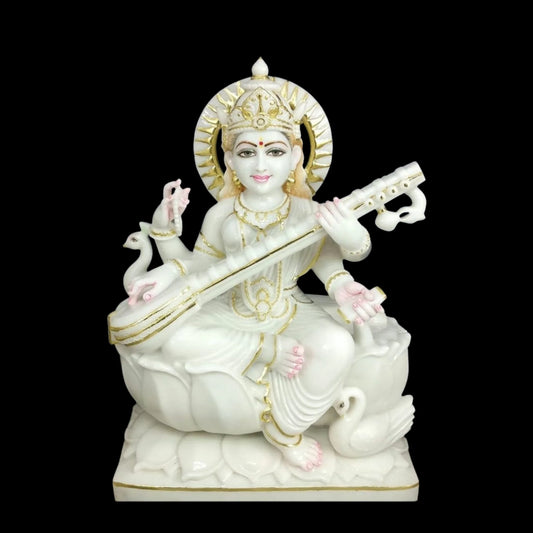 Sitting Saraswati Marble Murti for Home Decor